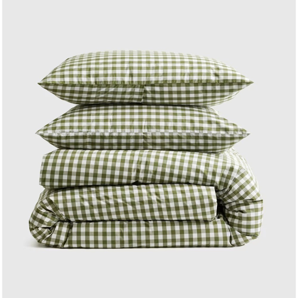 Quince Classic Organic Percale Gingham Duvet Covet Set King/Cal King Olive Green